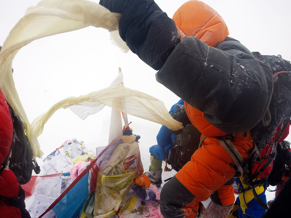 Climbers on the summit of Mount Everest