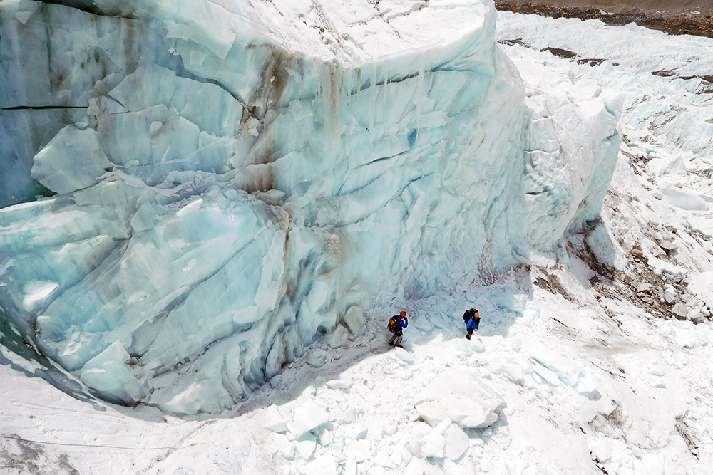 Descending the Khumbu Icefall toward Everest Base Camp