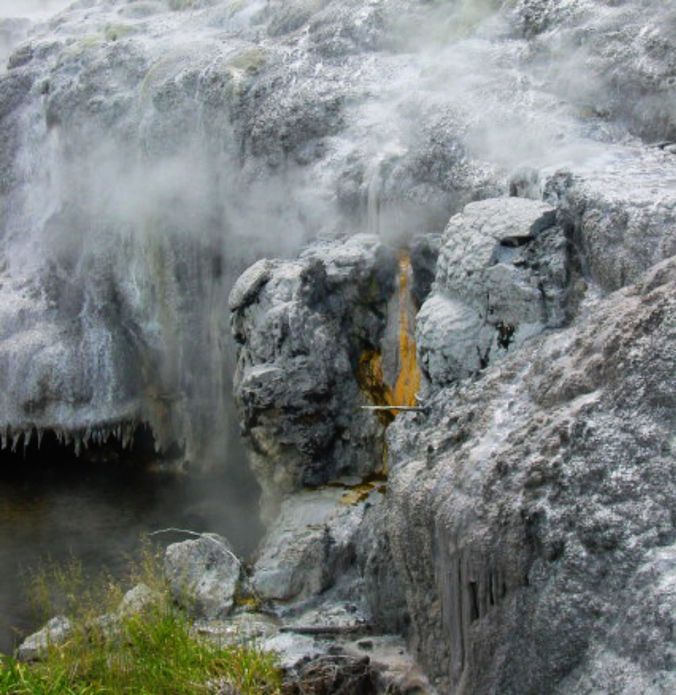Geyser Runoff Mineral deposits from geothermal activity in New Zealand