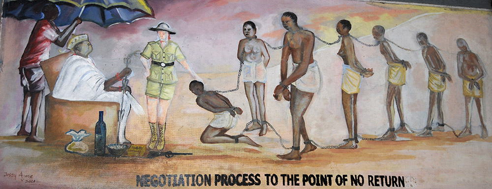 Painting depicting slave trade negotiations between African and European traders in Badagry