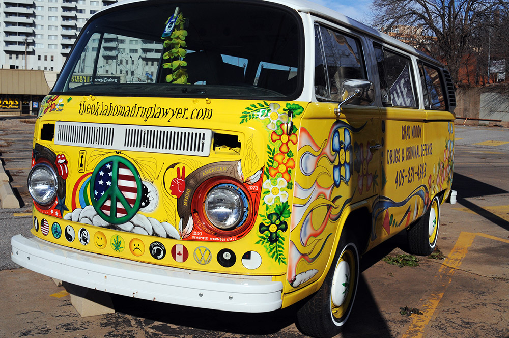 Colorful drug lawyer advertising van in Oklahoma City