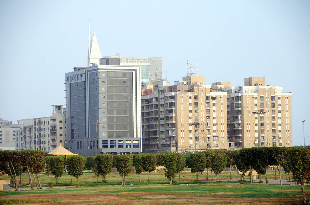 Buildings lining a busy area of Karachi, Pakistan
