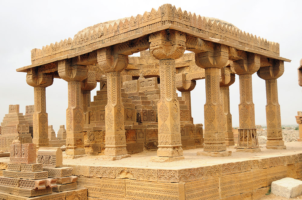 Carved sandstone tombs at the historic Chaukhandi cemetery near Karachi