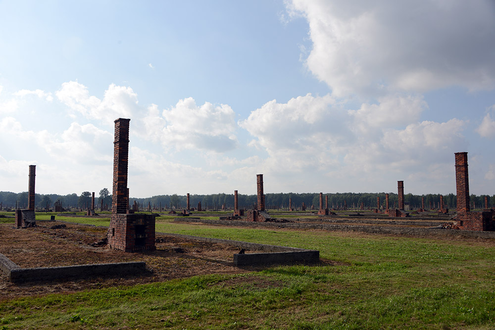 Chimneys of former barracks at Auschwitz II-Birkenau