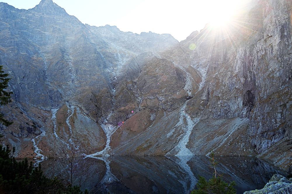 Mountain lake surrounded by peaks in the Polish Tatras