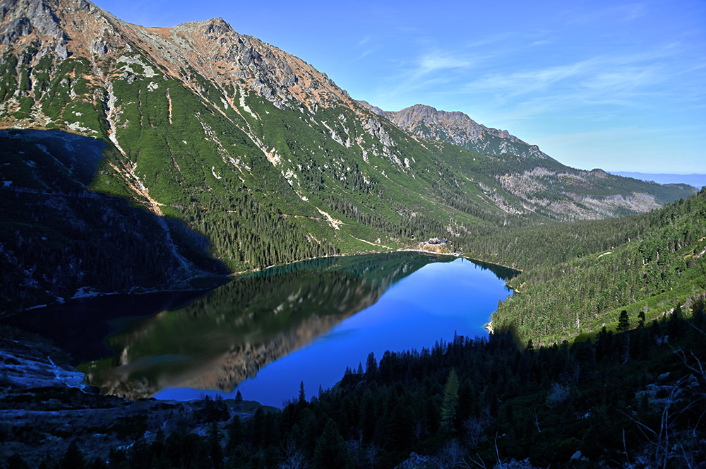 View across a lake in the Polish Tatra Mountains