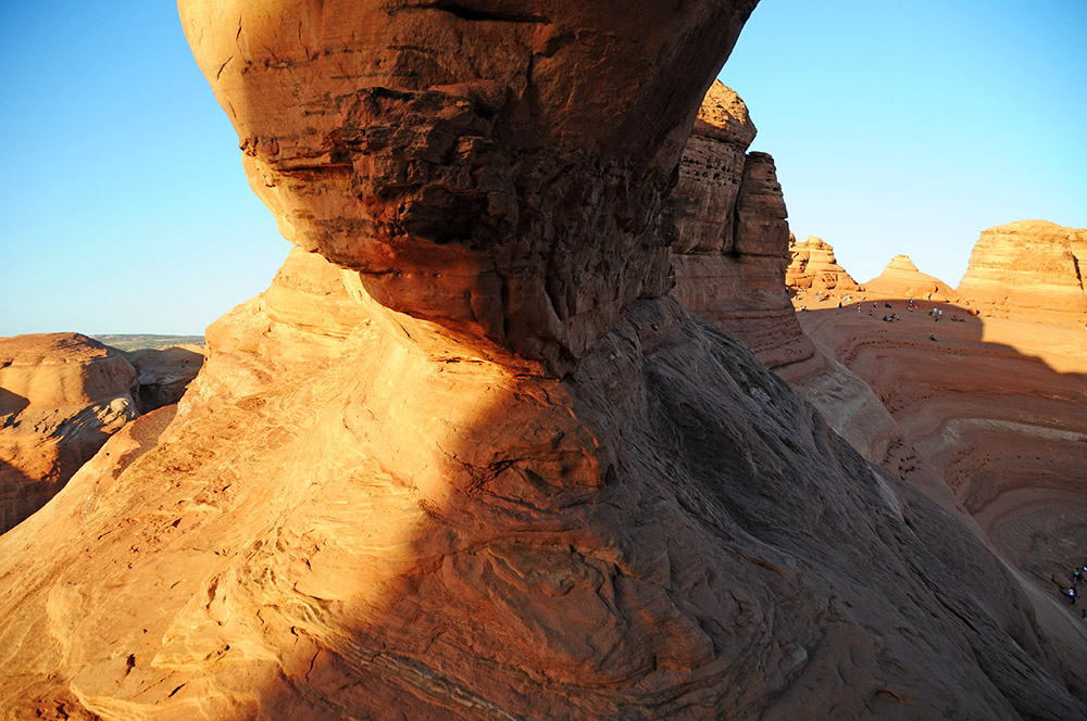 View from inside a natural arch in Arches National Park