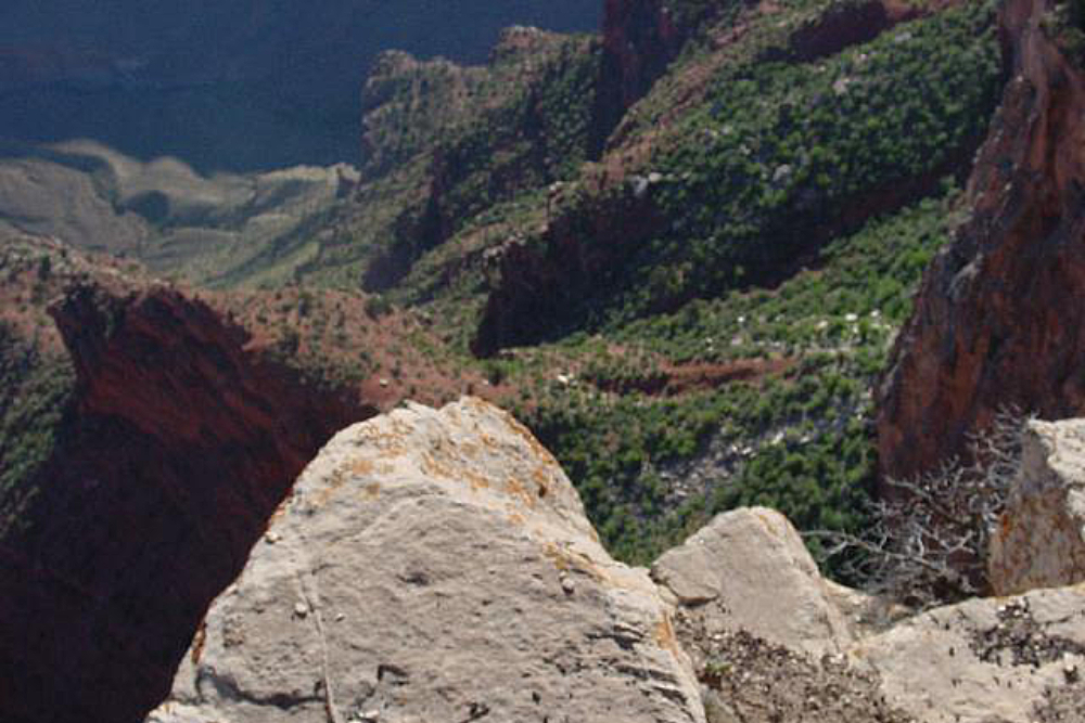View deep into the Grand Canyon toward the canyon floor in Arizona