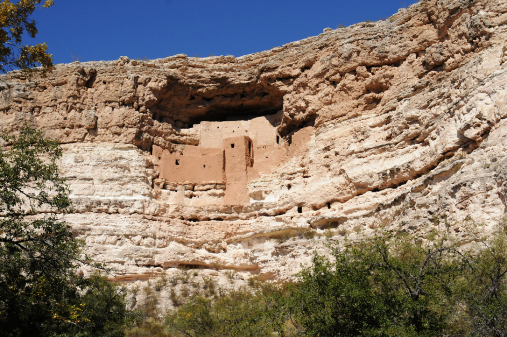 Montezuma Castle cliff dwelling built into a limestone cliff in Arizona