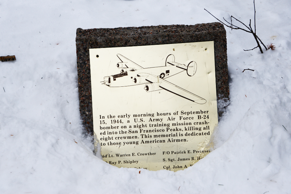 Memorial sign describing the 1944 B-24 bomber crash on Humphreys Peak