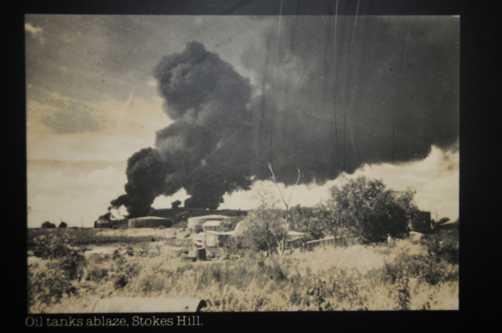 Bombing of Darwin in World War II Historic photograph of oil storage tanks burning during the Japanese bombing of Darwin in 1942