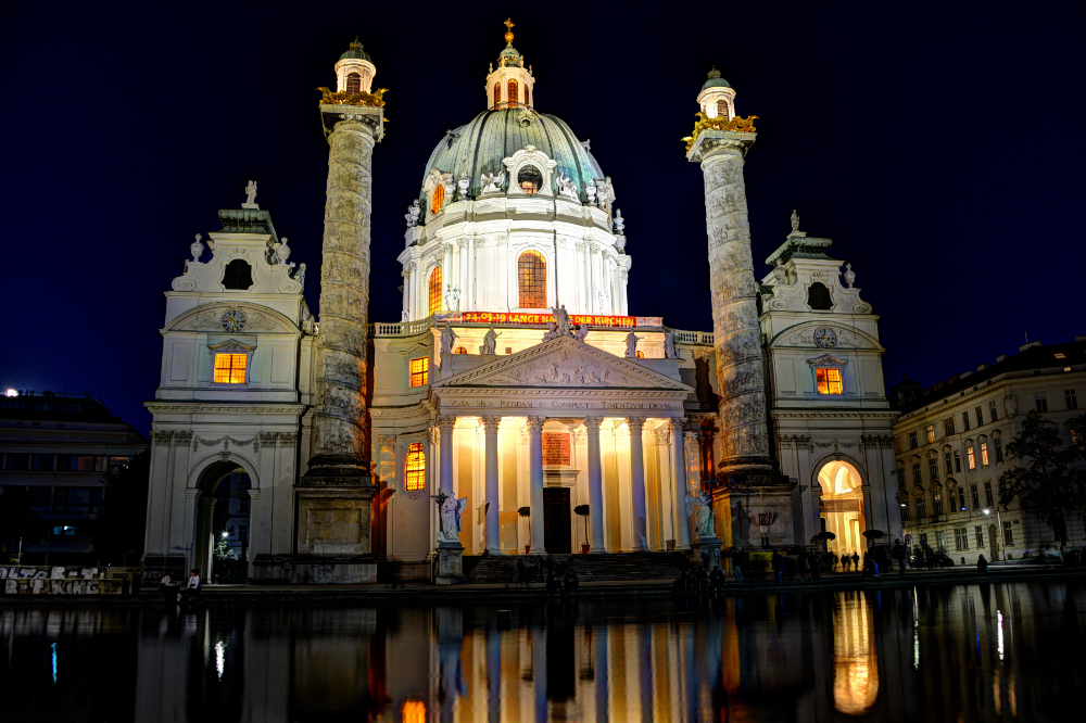 Karlskirche, or St. Charles Church, illuminated in Vienna