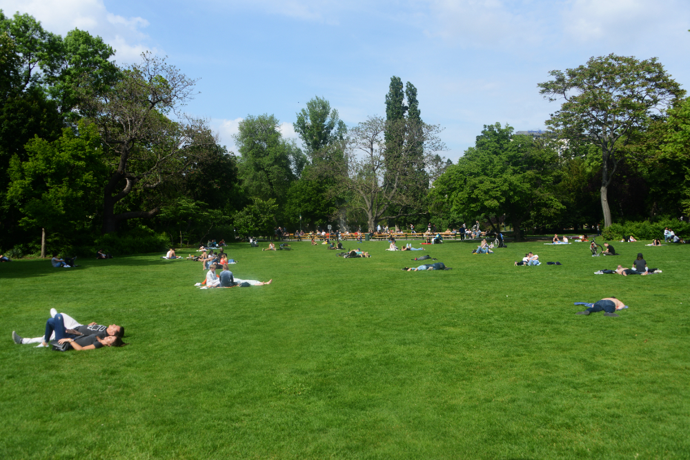 People relaxing on a large lawn in Stadtpark, Vienna