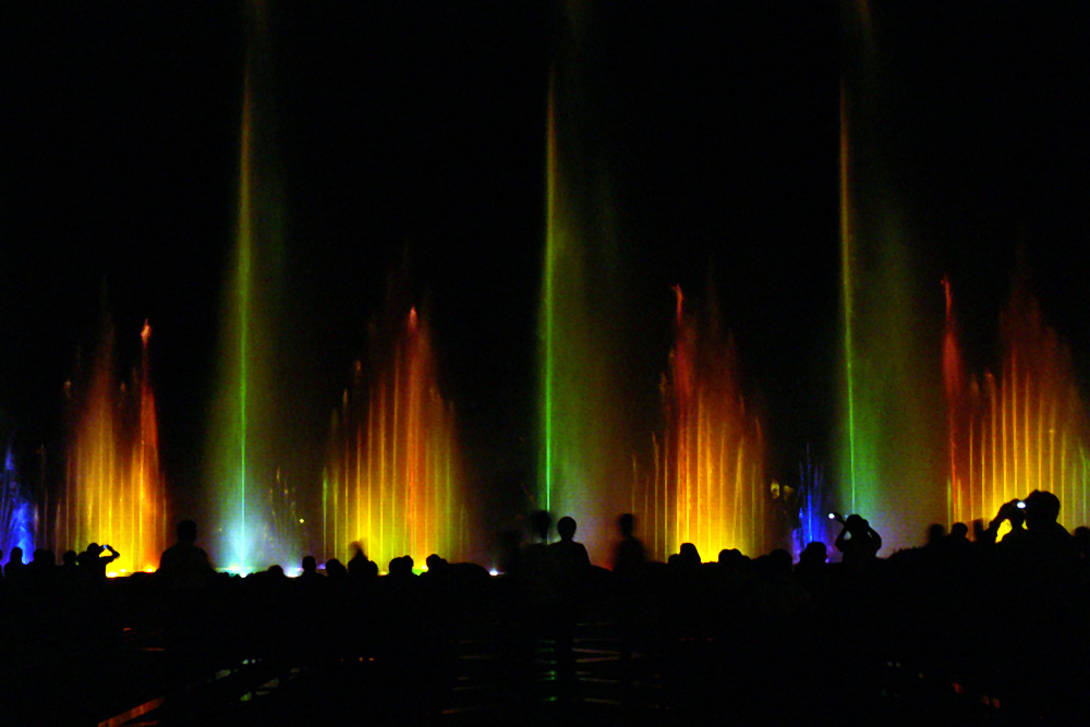 Colorful nighttime fountain show at Jerudong Park in Brunei