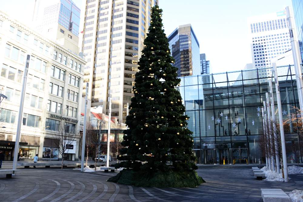 Christmas tree in downtown Calgary during winter