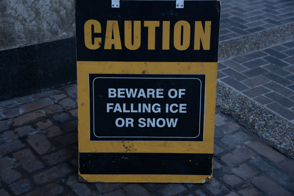 Warning sign for falling ice in downtown Calgary