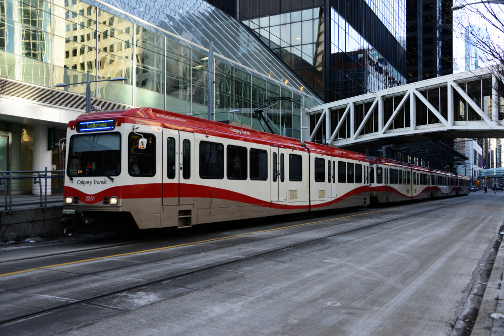 CTrain traveling through downtown Calgary