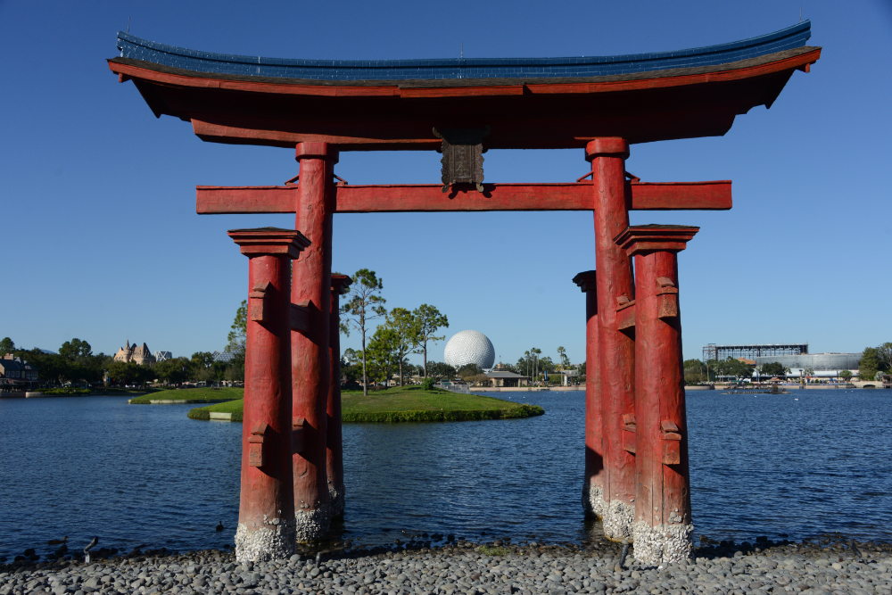 Japanese torii gate beside World Showcase Lagoon at EPCOT