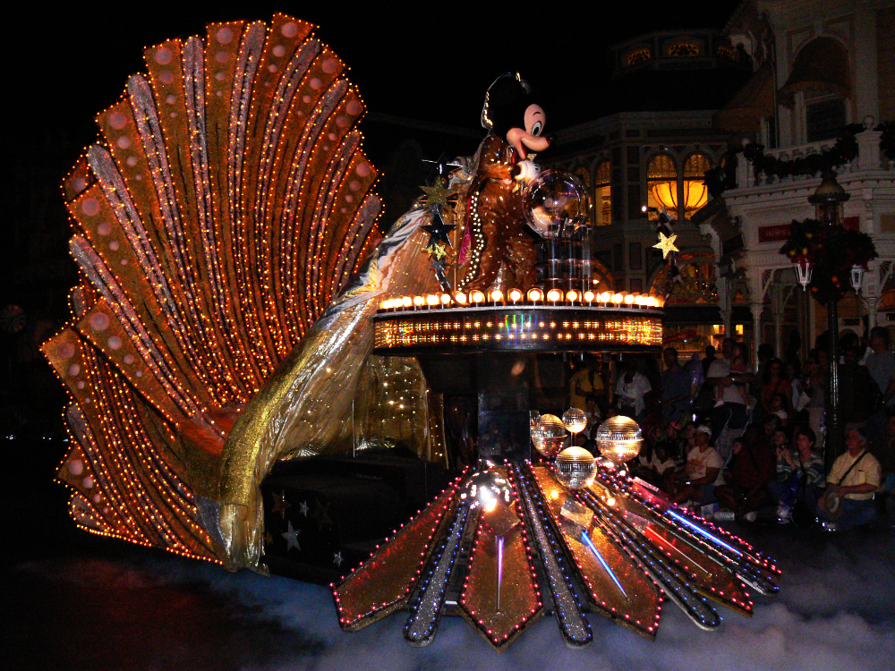 Mickey Mouse float during a parade at Walt Disney World