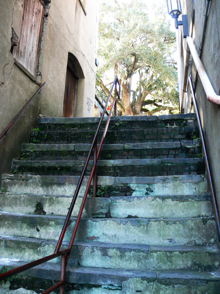 Historic Stairway to River Street Steep historic stairway descending toward River Street in Savannah Georgia