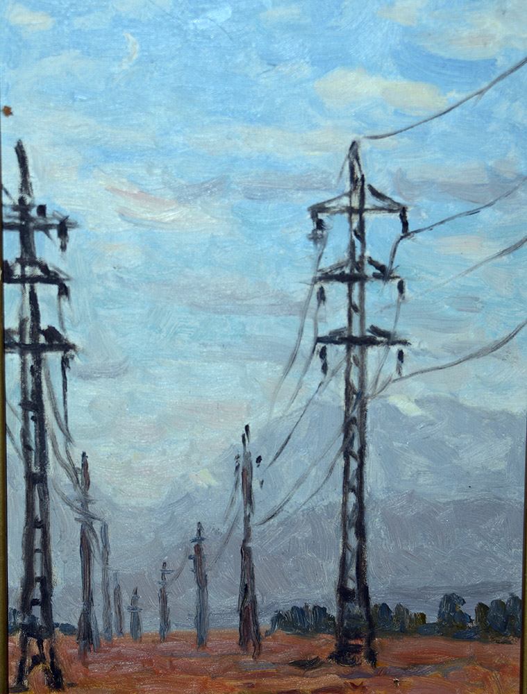 Power Lines Painting in Osh Painting depicting electrical power lines at the Osh Art Gallery