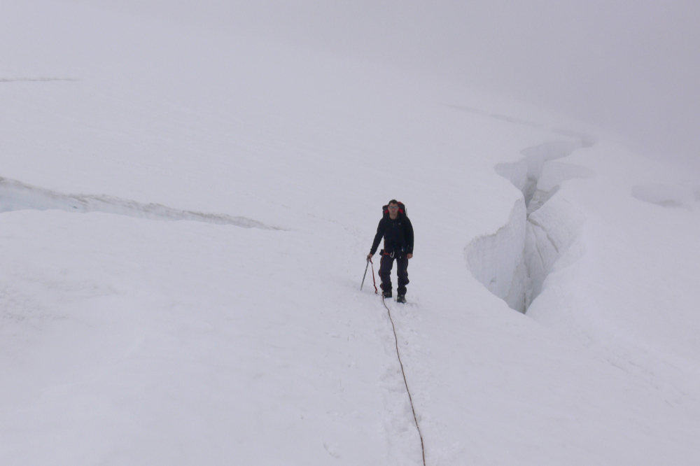 Me crossing the glacier and crevasses on Mt. Garibaldi