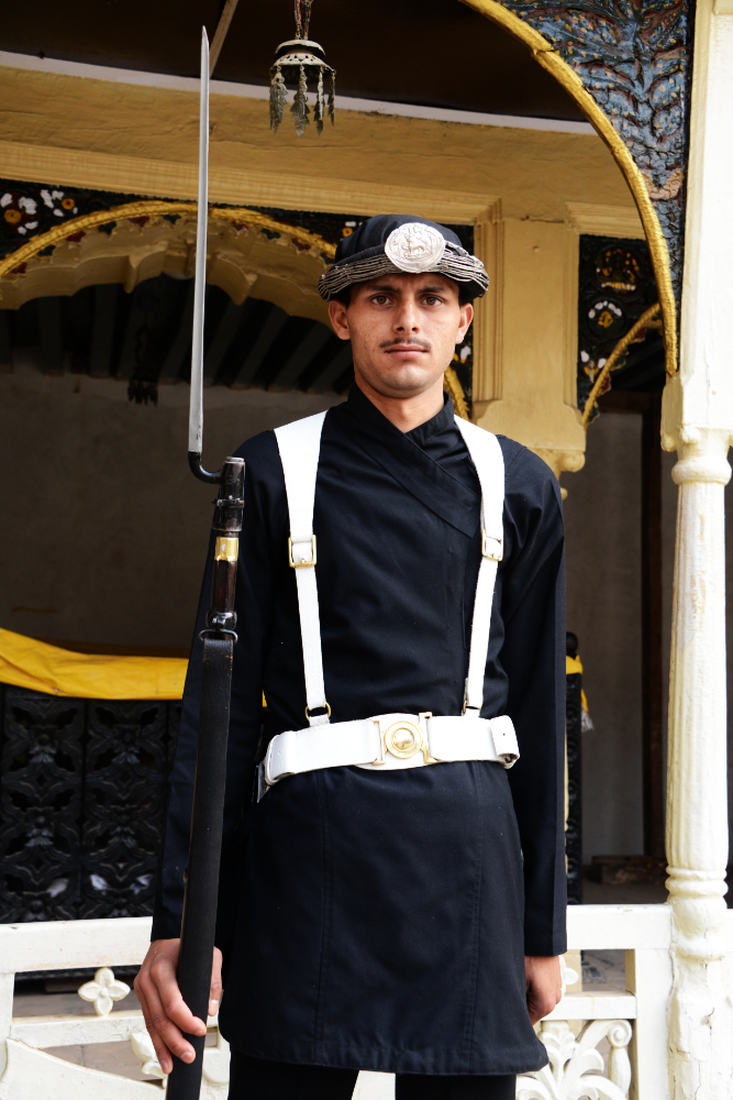 Uniformed guard at the historic Royal Palace in Kathmandu