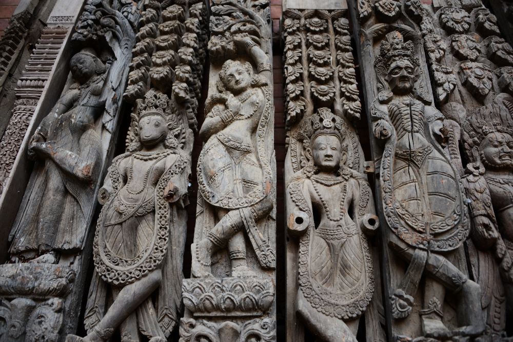 Centuries-old carved wooden architectural details in Kathmandu Durbar Square