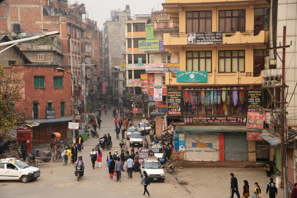 Busy streets and urban buildings in central Kathmandu, Nepal
