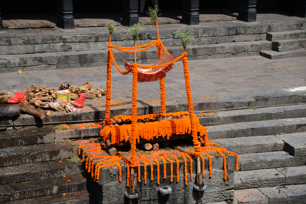 Elaborate cremation platform at Pashupatinath Temple beside the Bagmati River