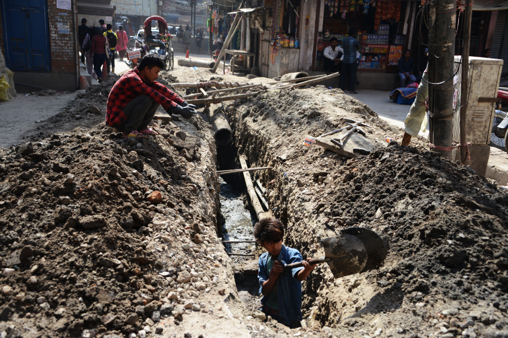 Road construction and infrastructure work in Kathmandu, Nepal