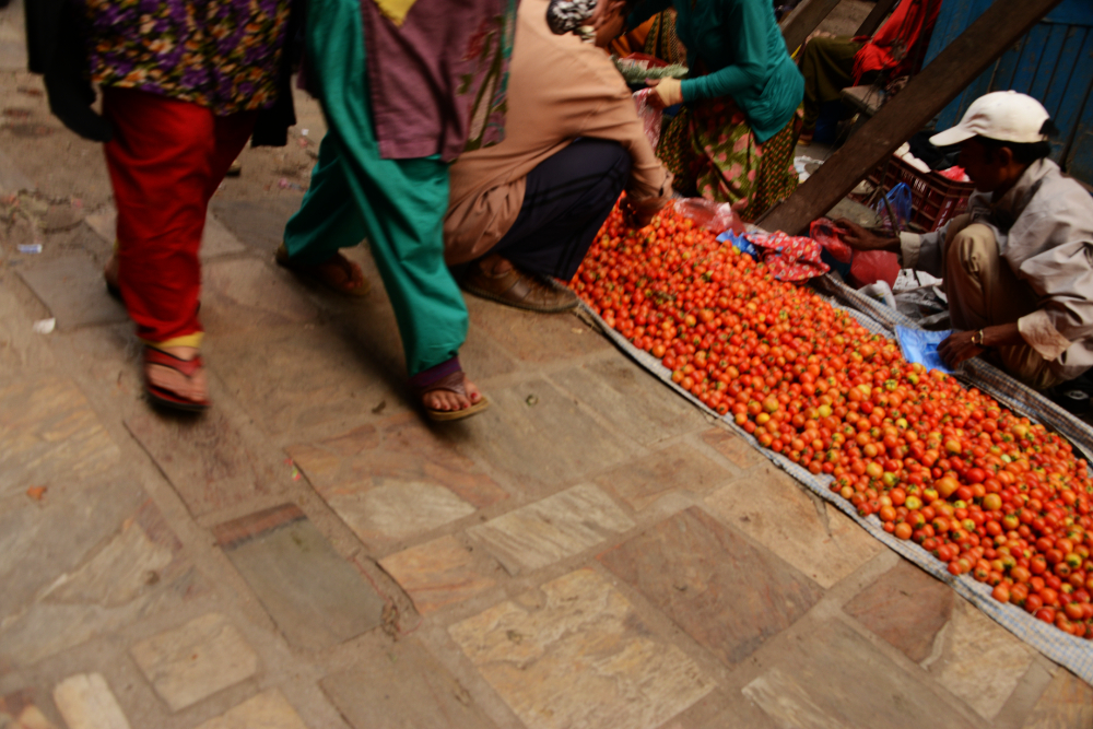 Fresh tomatoes and produce for sale at a Kathmandu street market