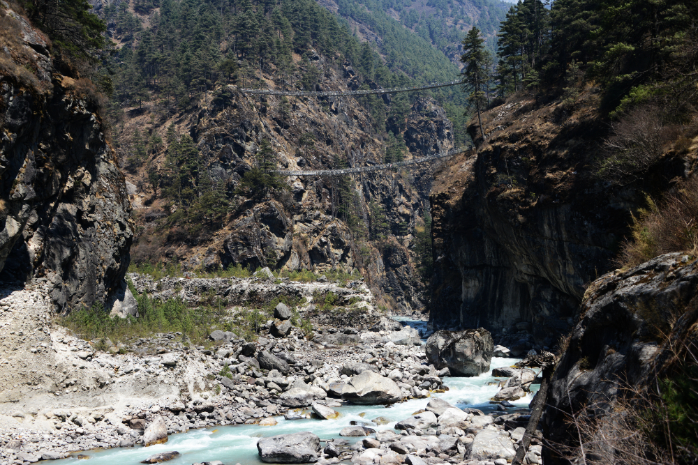 Famous double suspension bridges over the Dudh Koshi River near Namche Bazaar