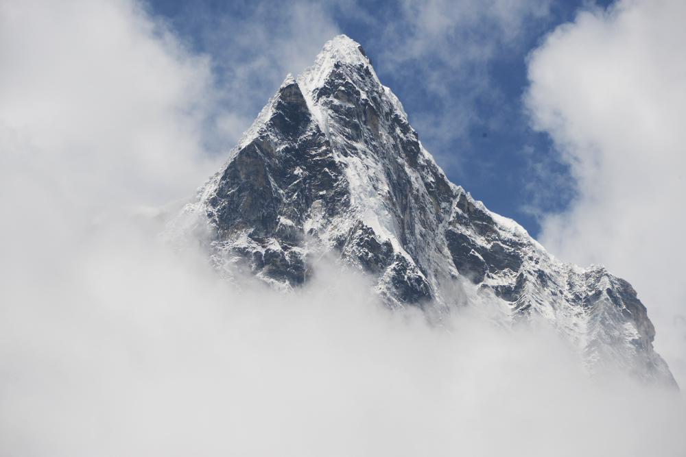 Towering snow-covered Himalayan mountains near Lobuche and Everest Base Camp
