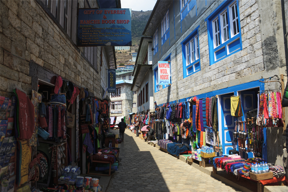 Shops and stone streets in the mountain town of Namche Bazaar, Nepal