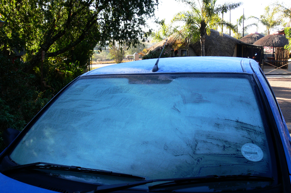 Frost on a car windshield in northeastern South Africa