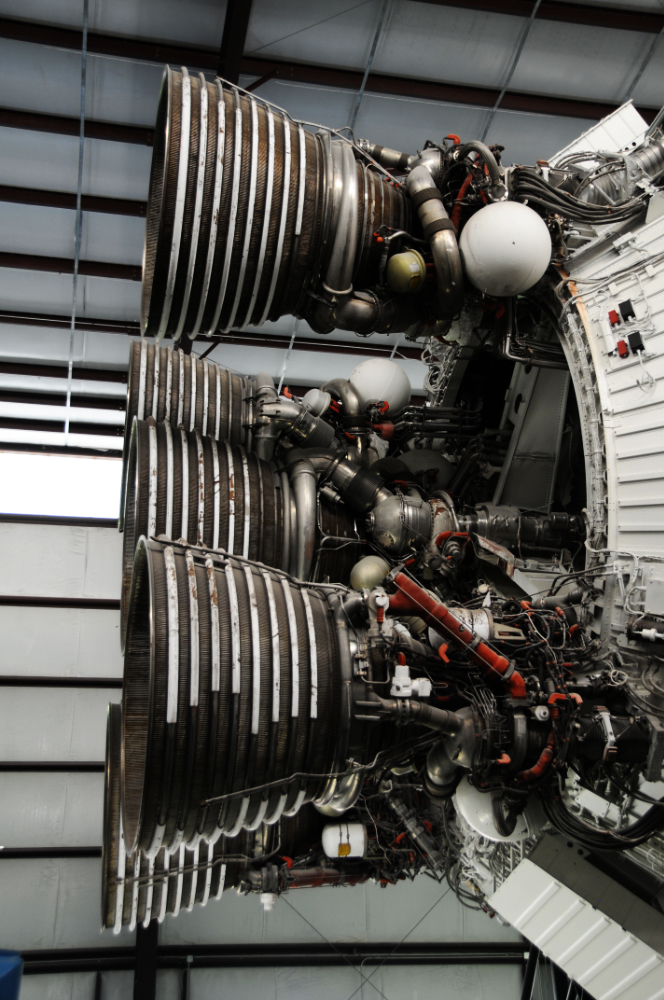 Saturn V Rocket Engines Five enormous F-1 engines on the first stage of a Saturn V rocket