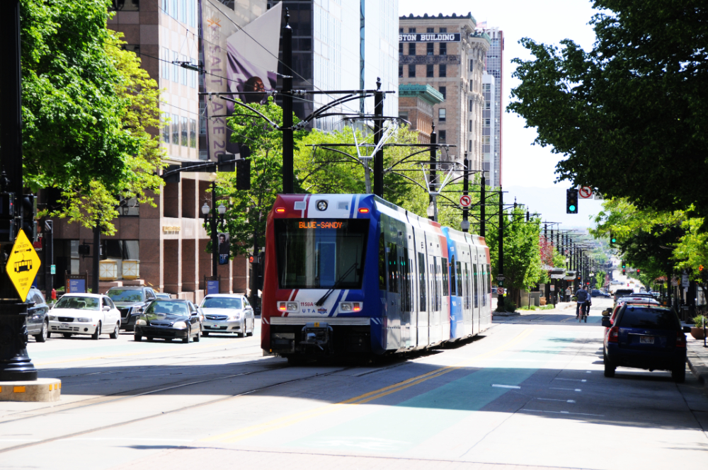 Salt Lake City Light Rail TRAX light rail train in Salt Lake City Utah